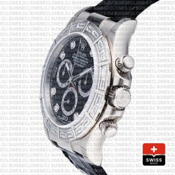 Rolex Daytona White Gold Black Diamond Dial Leather Replica Watch