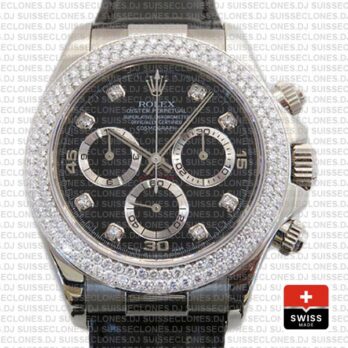 Rolex Cosmograph Daytona Leather Strap 18k White Gold 904L Steel Black Dial Diamond Markers Bezel 40mm