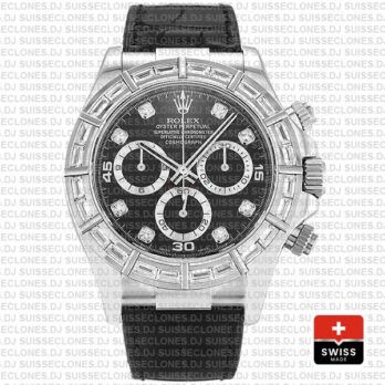 Rolex Daytona Leather White Gold Black Diamond Markers Bezel 116519 Swiss Replica 40mm