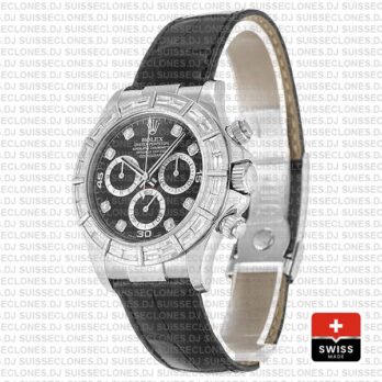 Rolex Daytona 18k White Gold, Leather Strap Black Dial Diamond Hour Markers