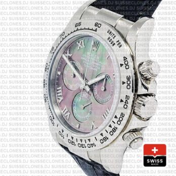 Rolex Cosmograph Daytona Leather Strap 18k White Gold 904L Steel Black MOP Dial Roman Markers