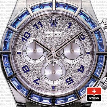 Rolex Daytona 18k White Gold Leather Strap Blue Diamonds Dial 40mm with Arabic Numerals Luxury Replica Watch