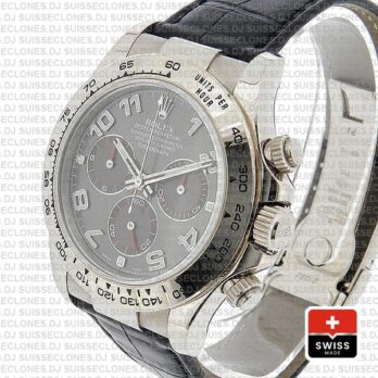 Rolex Daytona 18k White Gold Stainless Steel, Grey Dial with Arabic Markers Leather Strap Replica Watch