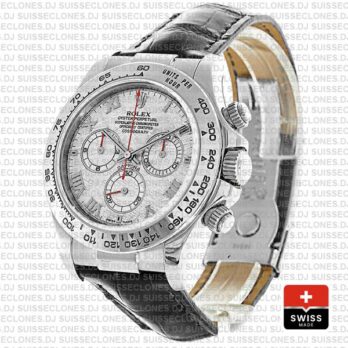 Rolex Cosmograph Daytona 18k White Gold Bezel Meteorite Roman Dial with Leather Bracelet 40mm