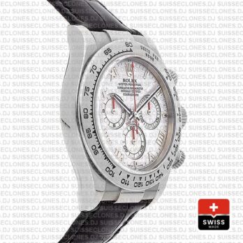 Rolex Cosmograph Daytona 18k White Gold Bezel Meteorite Roman Dial with Leather Bracelet 40mm