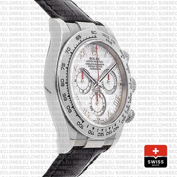 Rolex Cosmograph Daytona 18k White Gold Bezel Meteorite Roman Dial with Leather Bracelet 40mm