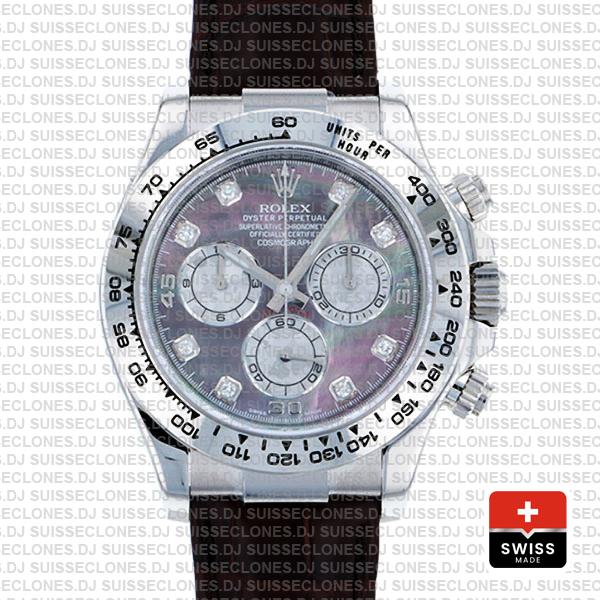 Rolex Daytona Real Leather Strap Black MOP Diamond Replica Watch