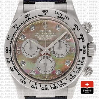 Rolex Cosmograph Daytona Genuine Leather Strap 18k White Gold 904L Steel MOP Black Dial Diamond Markers