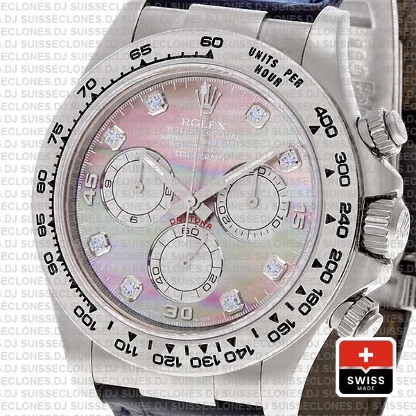 Rolex Cosmograph Daytona Genuine Leather Strap 18k White Gold 904L Steel MOP Black Dial Diamond Markers Watch