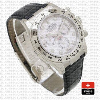 Rolex Daytona White Gold White Diamond Dial Leather Replica Watch