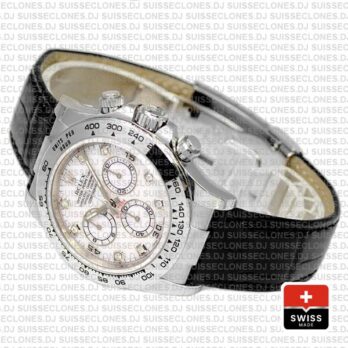 Rolex Daytona White Gold White Diamond Dial Leather Swiss Replica Watch