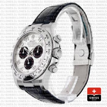 Rolex Daytona 18k White Gold Leather Strap White Dial Swiss Replica Watch