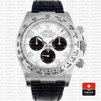 Rolex Cosmograph Daytona Oysterflex Leather Bracelet, 18k White Gold 904L Steel White Panda Dial