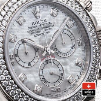 Rolex Cosmograph Daytona Leather Strap 18k White Gold MOP White Dial Diamond Markers Bezel
