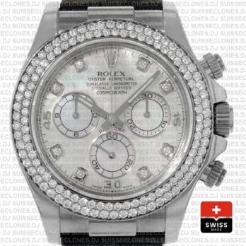 Rolex Cosmograph Daytona Leather Strap 18k White Gold MOP White Dial Diamond Markers Bezel 40mm