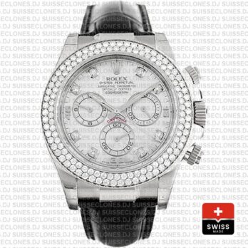 Rolex Cosmograph Daytona Leather Strap 18k White Gold MOP White Dial Diamond Markers Bezel 40mm Watch