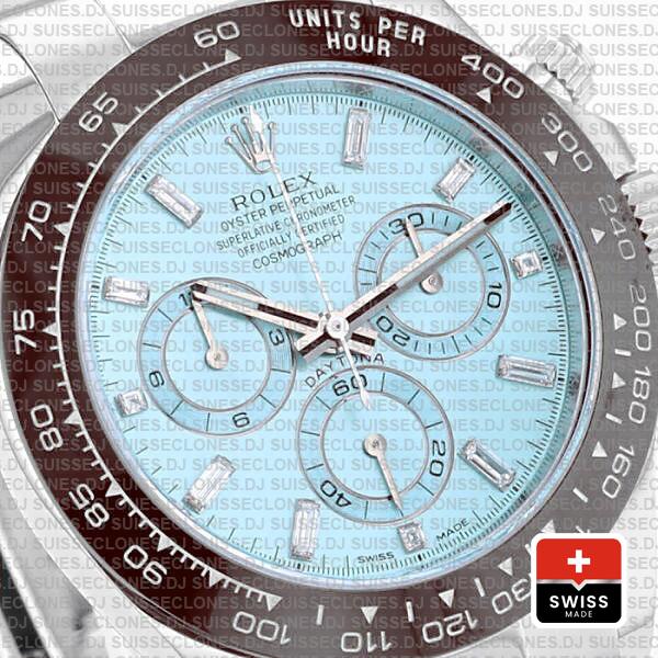 Rolex Daytona Stainless Steel Platinum, Ice Blue Dial with 904L Steel Oyster Bracelet & Brown Ceramic Bezel