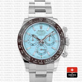 Rolex Daytona Stainless Steel Platinum, Ice Blue Dial with 904L Steel Oyster Bracelet & Brown Ceramic Bezel Watch