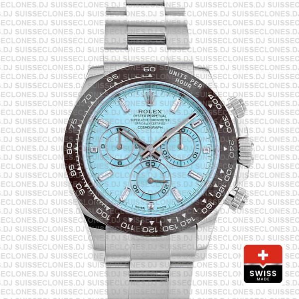 Rolex Daytona Stainless Steel Platinum, Ice Blue Dial with 904L Steel Oyster Bracelet & Brown Ceramic Bezel Watch