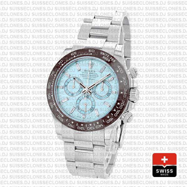 Rolex Daytona Stainless Steel Platinum, Ice Blue Dial with 904L Steel Oyster Bracelet & Brown Ceramic Bezel Replica Watch