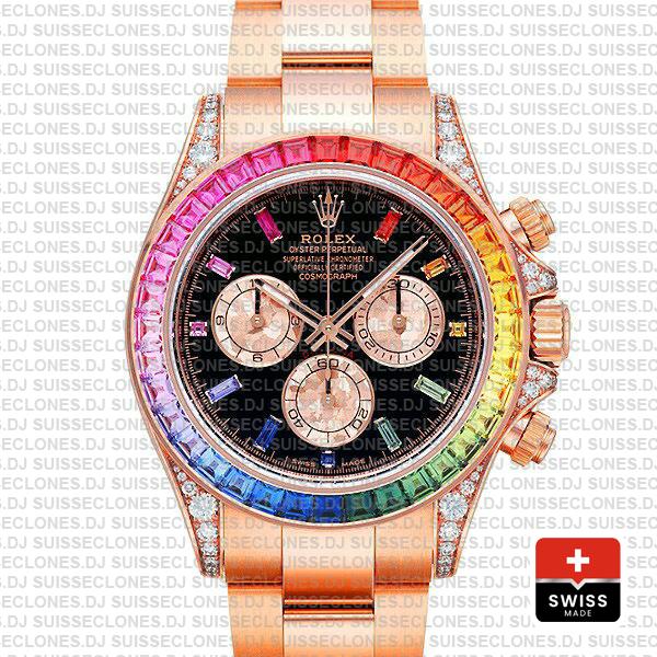 Rolex Daytona 18k Rose Gold Rainbow Bezel Replica Watch