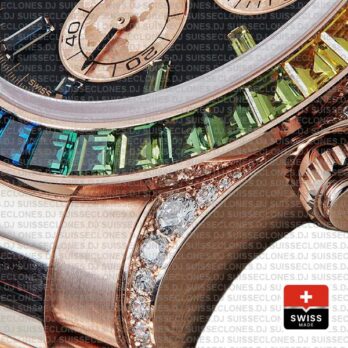 Rolex Cosmograph Daytona 18k Rose Gold Black Gem Dial & Rainbow Sapphire Bezel Diamond Set Case Watch