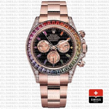 Rolex Daytona 18k Rose Gold Rainbow Bezel Swiss Replica Watch