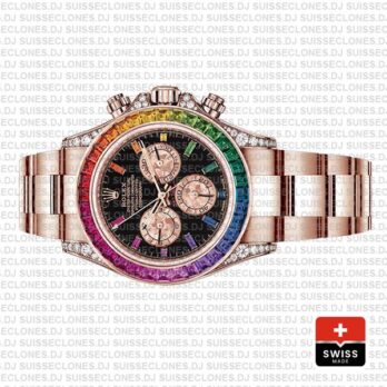 Rolex Daytona 18k Rose Gold Rainbow Bezel Swiss Replica Watch