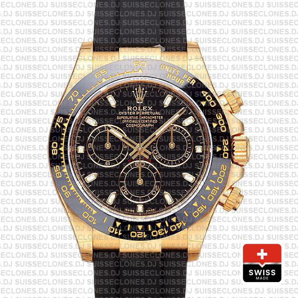 Rolex Daytona Gold Black Dial Rubber Strap | Replica Watch