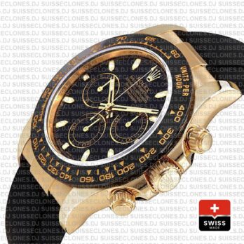 Rolex Daytona Gold Black Dial Rubber Strap Swiss Replica Watch