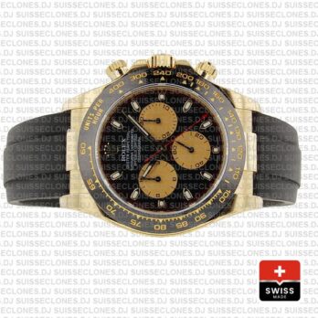 Rolex Cosmograph Daytona 18k Yellow Gold Black Panda Dial 40mm, comes with Rubber Strap