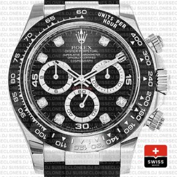 Rolex Daytona White Gold Rubber Strap Black Diamond Dial Replica Watch