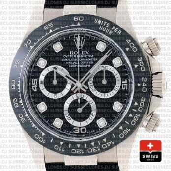 Rolex Daytona White Gold Rubber Strap Black Diamond Dial Rolex Replica Watch