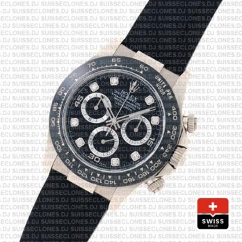 Rolex Cosmograph Daytona Rubber Strap 18k White Gold 904L Steel Black Diamond Dial