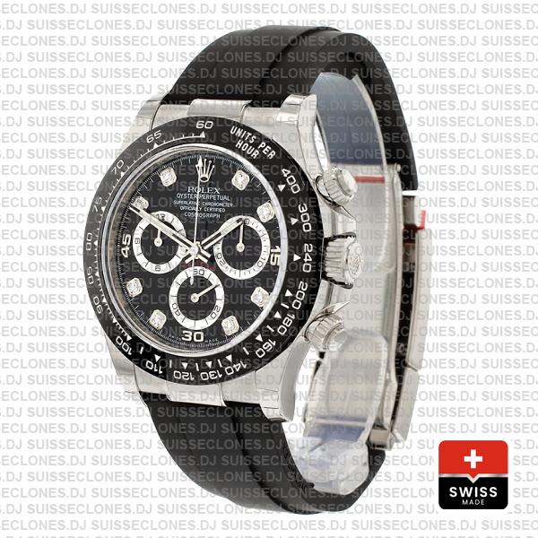 Rolex Cosmograph Daytona Rubber Strap 18k White Gold 904L Steel Black Diamond Dial Ceramic Bezel 40mm