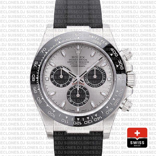 Rolex Daytona 18k White Gold Rubber Strap Silver Dial Watch