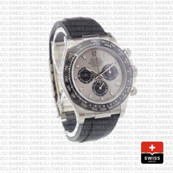 Rolex Daytona 18k White Gold Rubber Strap Silver Dial Swiss Replica Watch