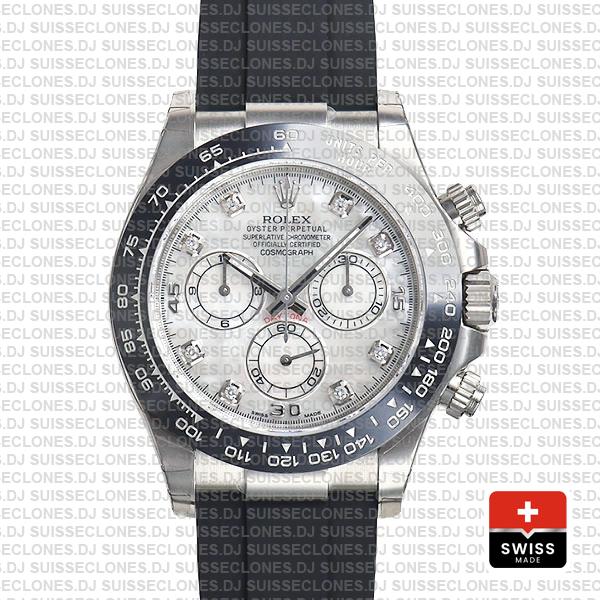 Rolex Daytona White Gold Diamond Dial Rubber Strap Replica Watch