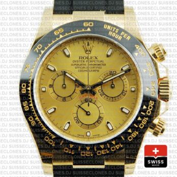 Rolex Oyster Perpetual Cosmograph Daytona Gold Dial 18k Yellow Gold 40mm Ceramic Bezel with Rubber Strap Replica Watch