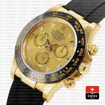 Rolex Cosmograph Daytona Rubber Strap 18k Yellow Gold, Ceramic Bezel 904L Steel Gold Dial Diamond