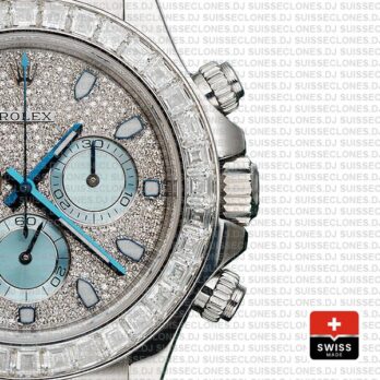 Rolex Oyster Perpetual Cosmograph Daytona in Platinum Diamond Dial & Bezel with Ice Blue Subdials & an Oyster bracelet