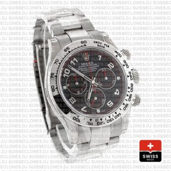 Rolex Cosmograph Daytona 18k White Gold Black Arabic Dial with Red Needles 904L Steel Oyster Bracelet