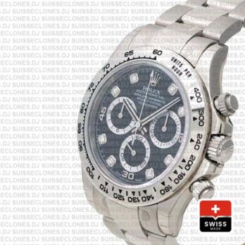 Rolex Daytona 18k White Gold Black Diamond Dial Replica Watch
