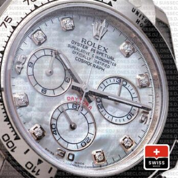 Rolex Daytona 904L Stainless Steel 18k White Gold Mop White Dial with Moissanite Diamond Markers