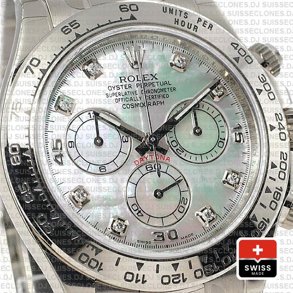 Rolex Daytona 904L Stainless Steel 18k White Gold Mop White Dial with Moissanite Diamond Markers