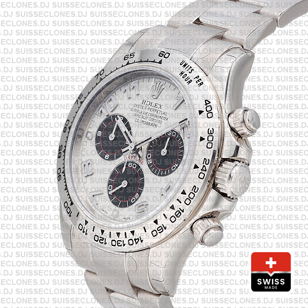 Rolex Cosmograph Daytona 18k White Gold Luxury Replica Watch, White Arabic Dial