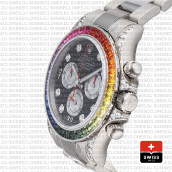 Rolex Daytona White Gold Rainbow Bezel Black Diamond Replica Watch