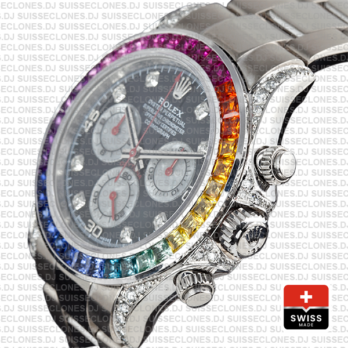 Rolex Daytona White Gold Rainbow Bezel Black Diamond Swiss Replica Watch