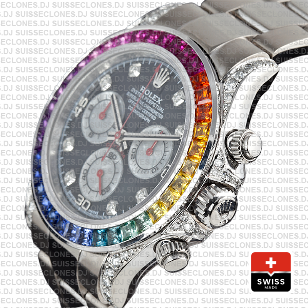Rolex Daytona White Gold Rainbow Bezel Black Diamond Swiss Replica Watch