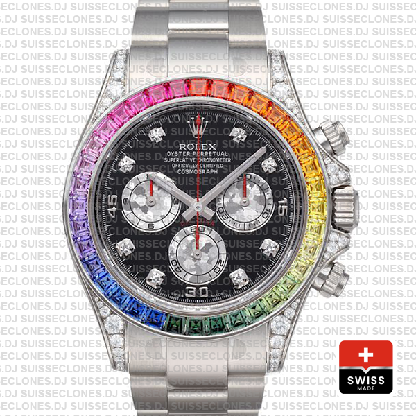 Rolex Daytona White Gold Rainbow Bezel Black Diamond Watch